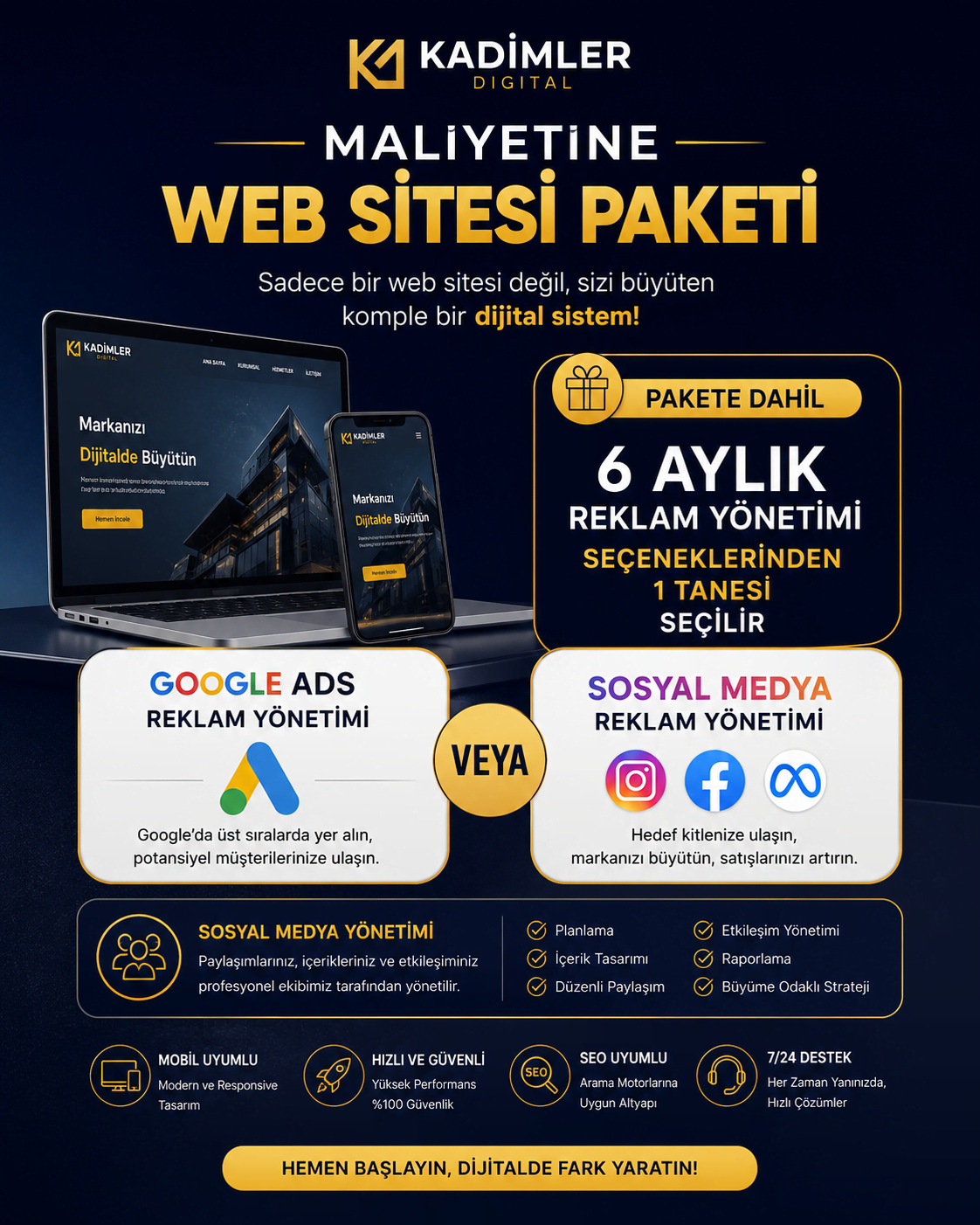 Maliyetine BEDAVA Web Sitesi + Sosyal Medya Yönetimi + Google Ads veya Sosyal Medya Reklam Paketi